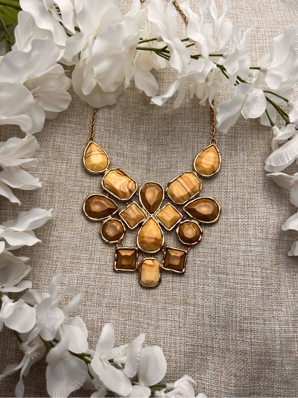VINTAGE Gold Statement Bohemian Bib Necklace with Marble Stones